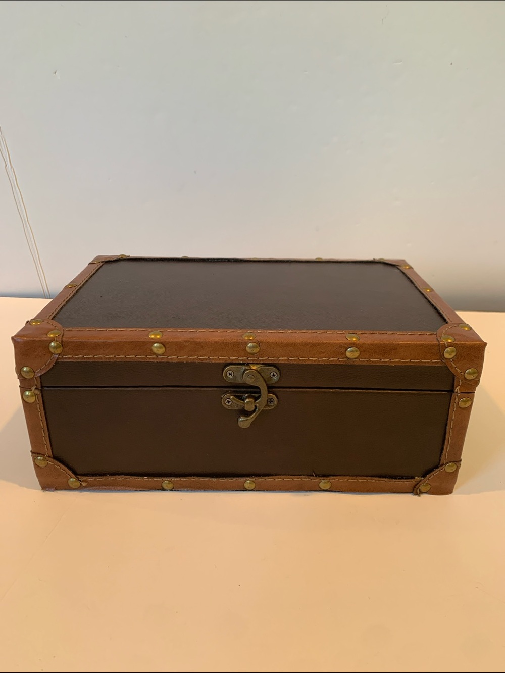 Vintage Style Faux Leather Trunk Box Decorative Chest Storage Studded Brass